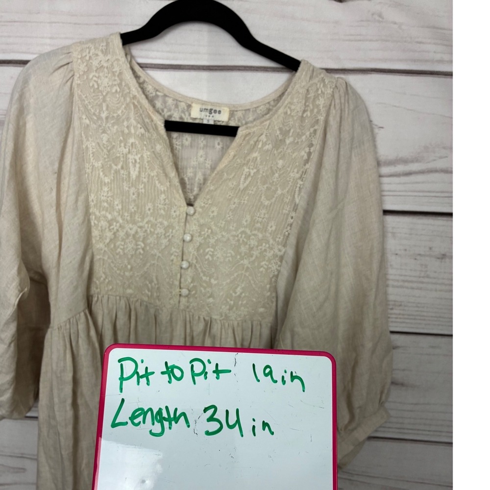 Umgee Oatmeal Linen Blend Lace Back Boho Babydoll Dress Beige Large - Picture 10 of 11